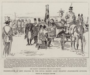 Új zászlók átadása a Portsmouth-i Királyi Tengerészgyalogság Könnyűgyalogságának (litho) alkotó: Reginald Thomas Cleaver