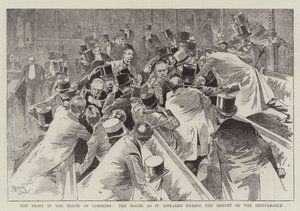 A harc az alsóházban, a Ház a zavargások csúcspontján (metszet) alkotó: Reginald Thomas Cleaver