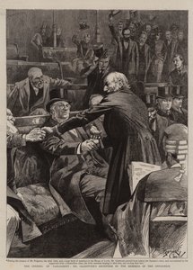 A parlament megnyitása, Gladstone úr fogadtatása az ellenzéki képviselők által (metszet)