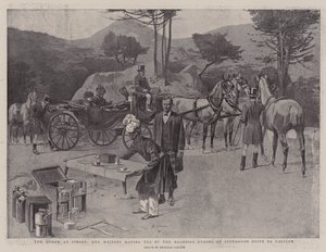 A királynő Cimiezben, Őfelsége az út szélén teázik egy délutáni út során Faliconba (litho) alkotó: Reginald Thomas Cleaver