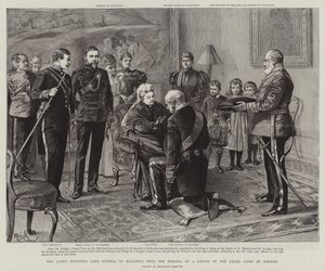 A királynő befektet Lord Russell of Killowen a Nagykereszt Lovagjának jelvényével Osborne-ban (metszet)