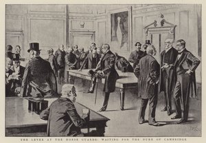A gát a Horse Guardsnál, várva a cambridge-i herceget (litho) alkotó: Reginald Thomas Cleaver