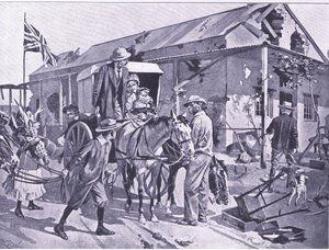 Mit jelent az evakuálás a hűséges gyarmatosítók számára, illusztráció a "Pretoria után: A gerillaháború" című könyvből. alkotó: Reginald Thomas Cleaver