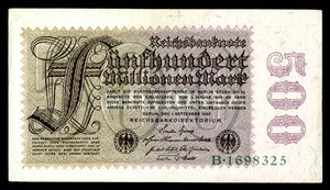 A Weimari Köztársaság papírmarka, az első világháború utáni hiperinflációs korszak (1921–24) alkotó: Reichsbankdirektorium Berlin