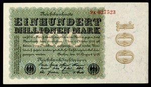 A Weimari Köztársaság papírjele, az első világháború utáni hiperinflációs korszak alkotó: Reichsbankdirektorium Berlin