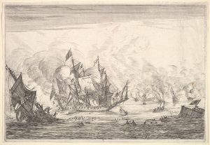 Tengerészeti csata angol hajóalapítással a bal oldalon, a Nieuwe Sc...., 1652-54. alkotó: Reinier Zeeman
