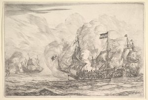Tengerészeti találkozás három hajóval a jobb oldalon, a tengeri csatákból Nieuwe Scheeps Bat..., 1652-54.