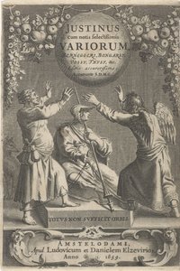 Minerva en twee geketende figuren Titelpagina voor: A. Thysius, Justinus cum notis selectissimis variorum Berneggerj, Bongarsy, Vossy, Thysy stb., 1659