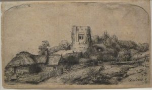Tájkép egy négyzet alakú toronnyal alkotó: Rembrandt