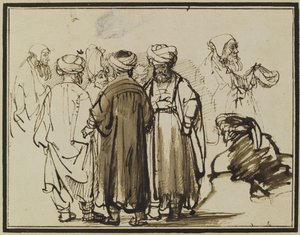 Keleti ruhás férfiak és két tanulmány egy koldusról félalakban. alkotó: Rembrandt