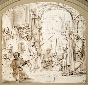 Christ Mocked (toll és tinta mosással a papíron) alkotó: Rembrandt Harmensz. van Rijn (school of)