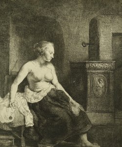 Egy nő ül félig felöltözve a tűzhely mellett, 1658 alkotó: Rembrandt van Rijn
