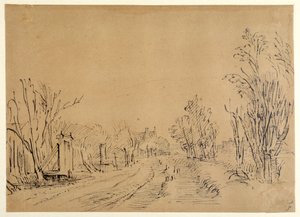Egy főút, amely fákon keresztül vezet egy házhoz (két híd és a Dijk kapuja) (toll és tinta barna papíron) alkotó: Rembrandt Harmensz. van Rijn