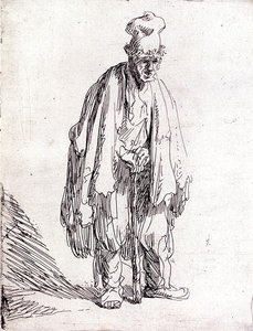 Koldus magas sapkában állva (toll és tinta papíron) alkotó: Rembrandt Harmensz. van Rijn