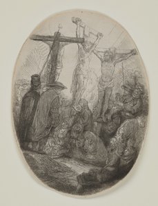 Krisztus két tolvaj között keresztre feszítve: Egy ovális tányér, 1641 körül (rézkarc és szárazhús) alkotó: Rembrandt van Rijn