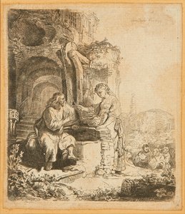 Krisztus és a szamáriai asszony, romok között (rézkarc) alkotó: Rembrandt Harmensz. van Rijn