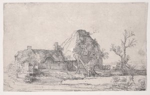 Víkendház és tanyaépületek egy ember vázlatával, 1645 körül (rézkarc) alkotó: Rembrandt van Rijn