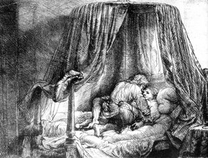 Az ágyban szeretkező pár Rembrandt van Rijn metszetével (1606-1669) 1646