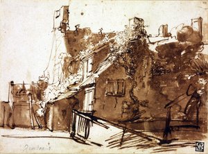 Parasztház napfényben - Rembrandt van Rhijn (1606-1669) - 1635-1636 - Toll, ecset, barna színű papíron - 16,4x22,3 cm - Szepmuveszeti Múzeum, Budapest alkotó: Rembrandt Harmensz. van Rijn