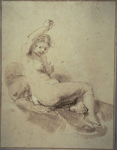 Fekvő női akt felemelt karral, 1665 körül (tollal és barna tintával és ecsettel és barna mosással, barna színű papíron)