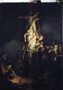 A keresztről való leszállás (lerakódás). A keresztről való leszállás. A Jézus Krisztus testét körülvevő szereplők közül: Szűz Mária, Szent Nikodémus és Arimatheai Szent József. Harmenszoon van Rijn, Rembrandt festménye (1606-1669)