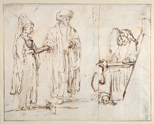 Lábán elviszi Leát Jákobhoz, Jákóbot pedig egy másik rajz töredéke fedi le; egy angyal kutyával a lába előtt alkotó: Rembrandt Harmensz. van Rijn