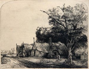 Táj három kunyhóval (rézkarc) alkotó: Rembrandt Harmensz. van Rijn