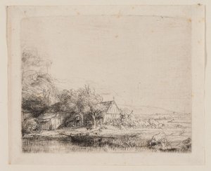 Táj ivó tehénnel, 1650 körül (rézkarc és szárazhús elefántcsontból kirakott papíron) alkotó: Rembrandt Harmensz. van Rijn