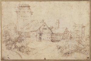 Táj épületekkel és szerelmesekkel, ölelkező, Tizian után (toll és barna tinta piros krétával a papíron) alkotó: Rembrandt Harmensz. van Rijn
