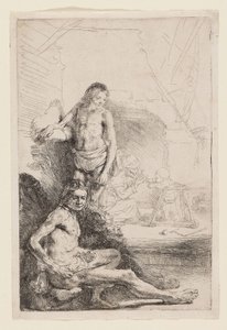 Férfi akt, ülő és álló, 1646 körül (rézkarc elefántcsontból kirakott papírra) alkotó: Rembrandt Harmensz. van Rijn