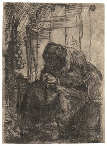 Öregasszony ül egy házikóban, a falon hagymafűzérrel, 1629 körül (metszet) alkotó: Rembrandt Harmensz. van Rijn