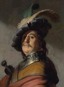 Egy mellvértes és tollas svájcisapkás férfi portréja – Rembrandt van Rijn festménye (1606-1669) alkotó: Rembrandt Harmensz. van Rijn