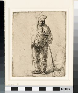 Rongyos paraszt, kezével a háta mögött, bottal, 1630 körül (rézkarc) alkotó: Rembrandt van Rijn