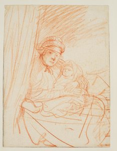 Saskia felül az ágyban, kezében egy gyerek, 1635 körül alkotó: Rembrandt van Rijn
