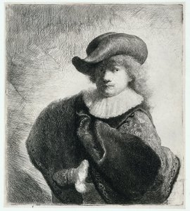 Önarckép puha kalapban és mintás köpenyben alkotó: Rembrandt Harmensz. van Rijn
