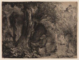 Szent Ferenc egy fa alatt imádkozik alkotó: Rembrandt Harmensz. van Rijn