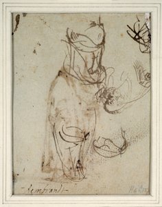 Tanulmányok egy magas fejdíszről; és a recto-tól fordított fejjel (toll és tinta papíron) (2636119-es verzió) alkotó: Rembrandt Harmensz. van Rijn