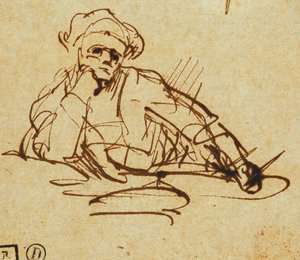 Tanulmány egy íróról, ülve, elgondolkodva, alkotó: Rembrandt van Rijn
