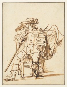 Tanulmány egy tollas kalapban ülő színészről – Capitano, a Commedia dell"Arte, recto, 1636-1638 körül alkotó: Rembrandt van Rijn