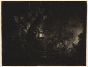 A Pásztorok imádása: Éjszakai darab, 1657 körül (rézkarc, szárazhús és feketével való temetés elefántcsontból kirakott papírra) alkotó: Rembrandt Harmensz. van Rijn