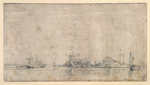 The Amstel at the Omval, 1650-53 körül (toll és tinta mosással papíron) alkotó: Rembrandt Harmensz. van Rijn