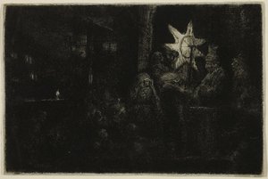 A királyok csillaga: Éjszakai darab, 1651 körül (rézkarc, szárazhús és metszet elefántcsontból kirakott papírra) alkotó: Rembrandt Harmensz. van Rijn