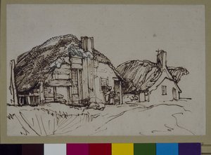 Két nádfedeles házikó figurákkal az ablaknál, 1640 körül (toll és tinta papíron) alkotó: Rembrandt Harmensz. van Rijn