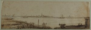 Kilátás az IJ folyóra a Diemerdijk felől, 1650 körül (toll és tinta barna mosással és fehér testszín papíron) alkotó: Rembrandt Harmensz. van Rijn