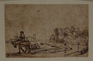 Kilátás az Amstelre, egy ló uszályt vontató, 1650 körül (toll és tinta barna mosással, papíron) alkotó: Rembrandt Harmensz. van Rijn