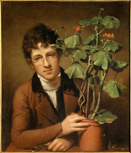Rubens Peale (1784-1864) festő portréja a muskátlinál Rembrandt Peale (1778-1860) festménye (ec.amer.) 1801 Collection privee - Rubens Peale festő (1784-1864) portréja muskátlival - Festmény: Rembrandt Peale (1778-1860), olajfestmény