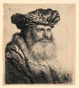 Egy szakállas férfi bársonysapkát visel ékszercsattal alkotó: Rembrandt van Rijn