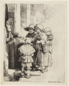 Egy vak hurdy-gurdy-játékos és családja alamizsnát kap alkotó: Rembrandt van Rijn