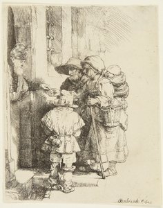 Egy vak hurdy-gurdy-játékos és családja alamizsnát kap alkotó: Rembrandt van Rijn