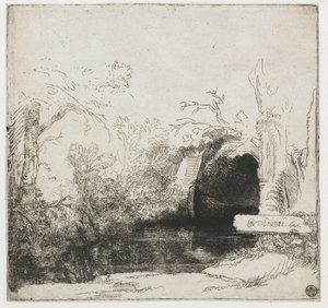 A patak barlanggal és csónakkal ("Get spelonk") Egy patak barlanggal és csónakkal alkotó: Rembrandt van Rijn